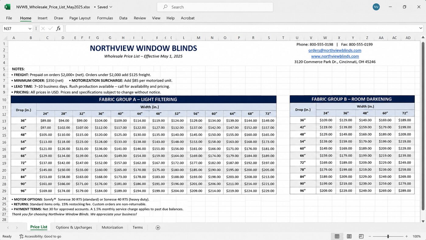 A supplier price list in Excel