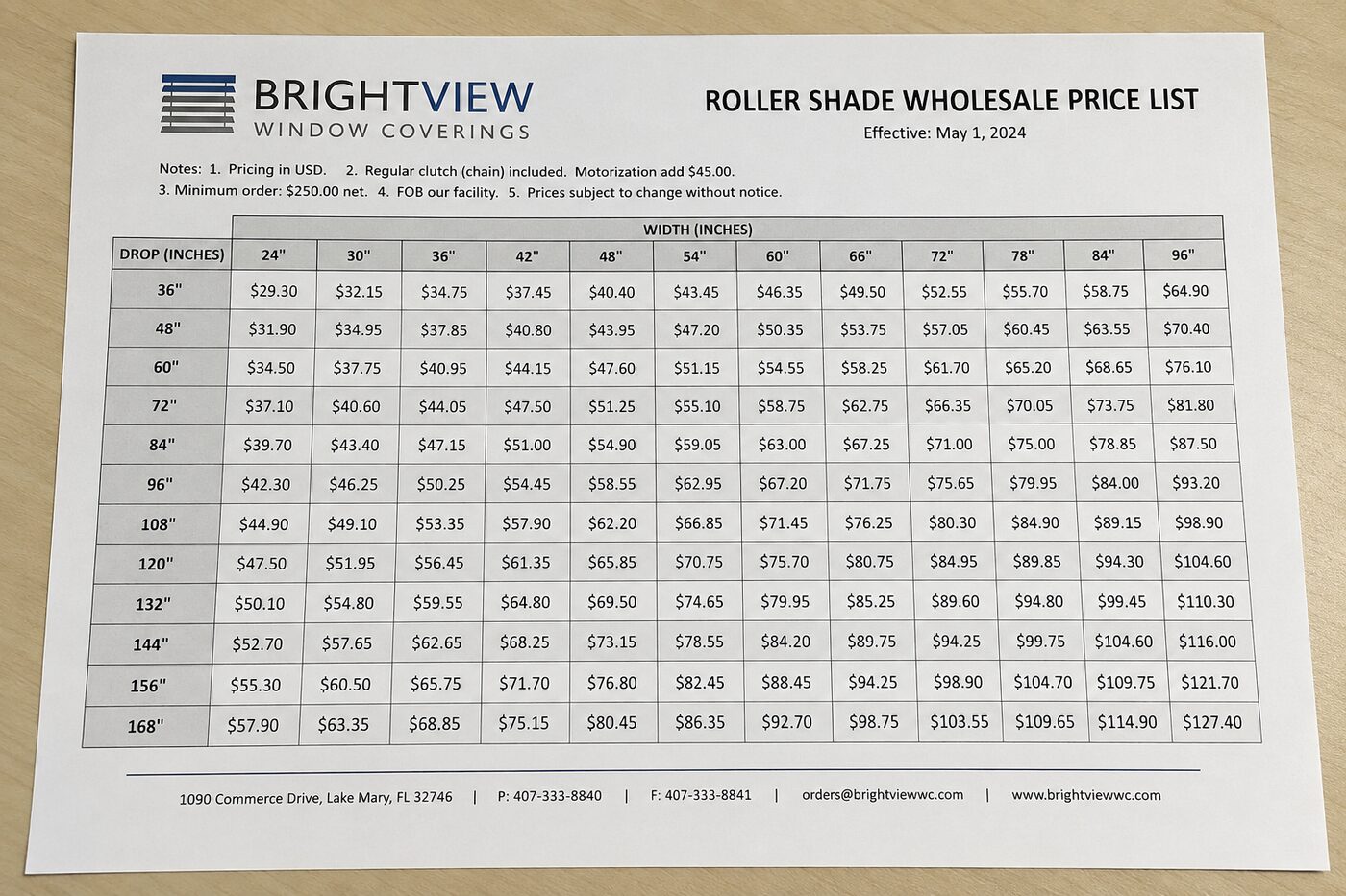 A printed price sheet (photo or scan)